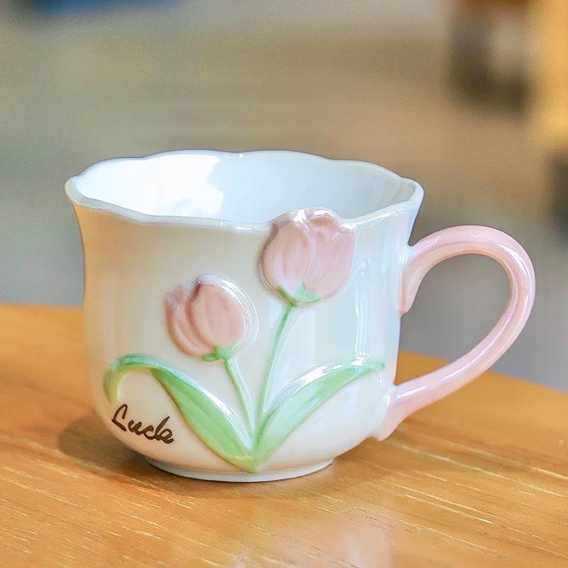 High Looking Underglaze Color Electroplated Tulip Series Ceramic Mug Girl's Favorite Cup Couple Pair Cup Ins Style