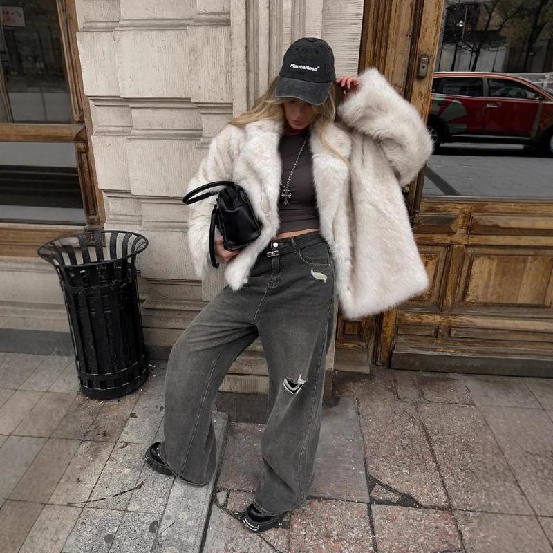 

Пальто из искусственного меха с лацканами Модное Теплое Женская одежда Осень Зима Куртка из искусственного меха S белый