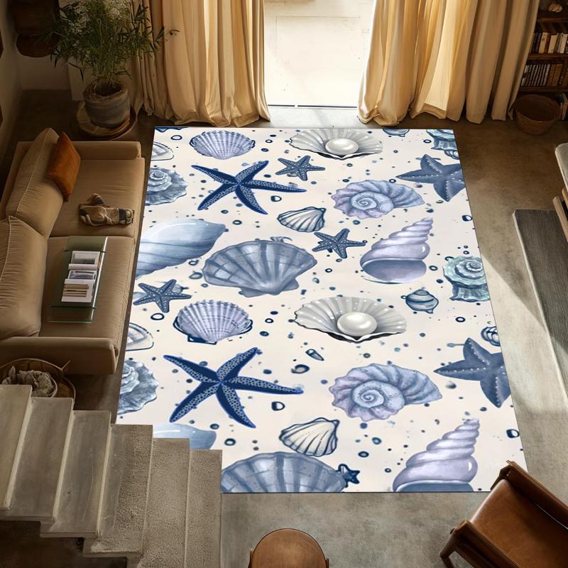 Ocean Shell Carpet Mat Rug Home Decoration Children Room Floor Rug Seashell Pattern Starfish Design Play Area Rug Bedroom