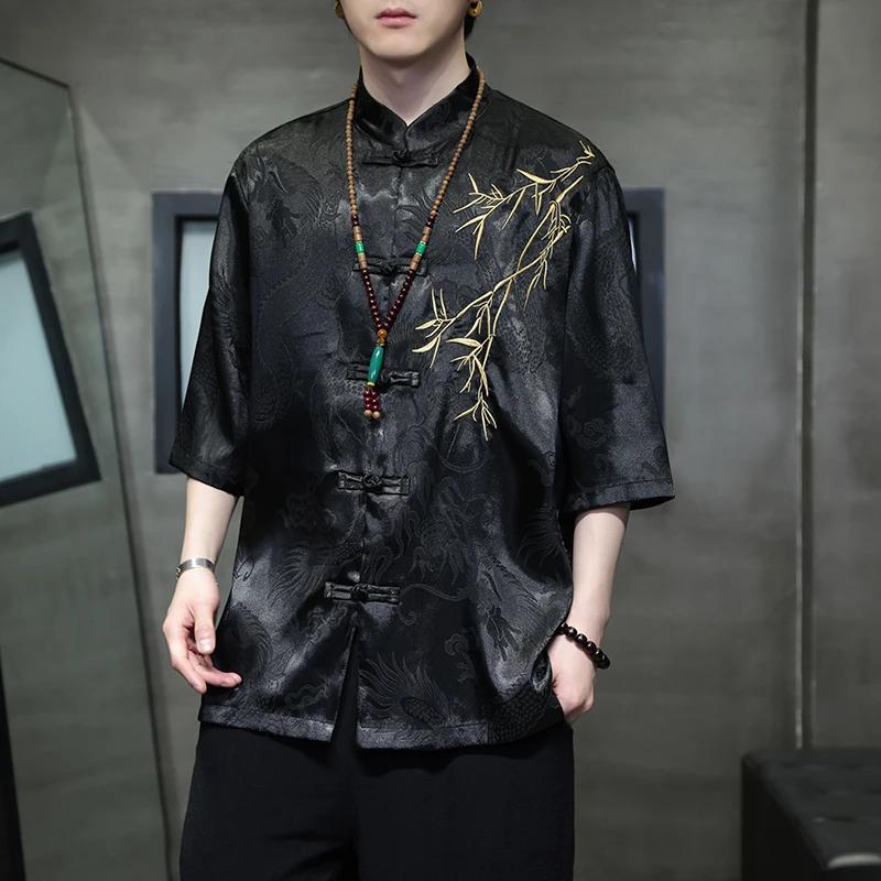 Summer Embroidery Shirt Men Ice Silk High Quality Casual Loose Short Sleeve Tops Retro Kung Fu Traditional Cardigan Mens