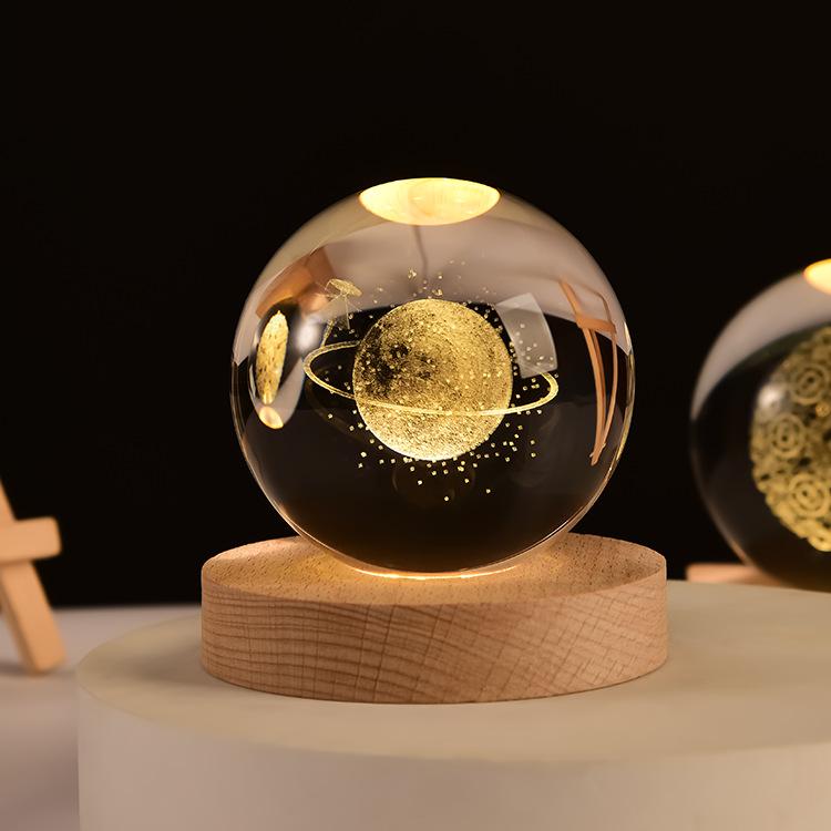 3D Art Nebula Laser Carving Solar System Moon Planet Nights Lamp LED Glowing Crystal Glass Globe Ball Wood Base Night Light