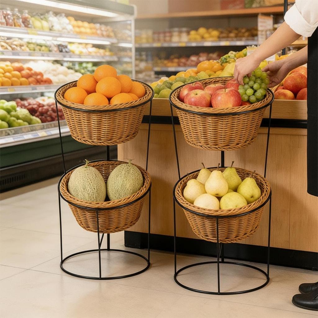 Freestanding Produce Display Rack Stable Floor with Woven Baskets
