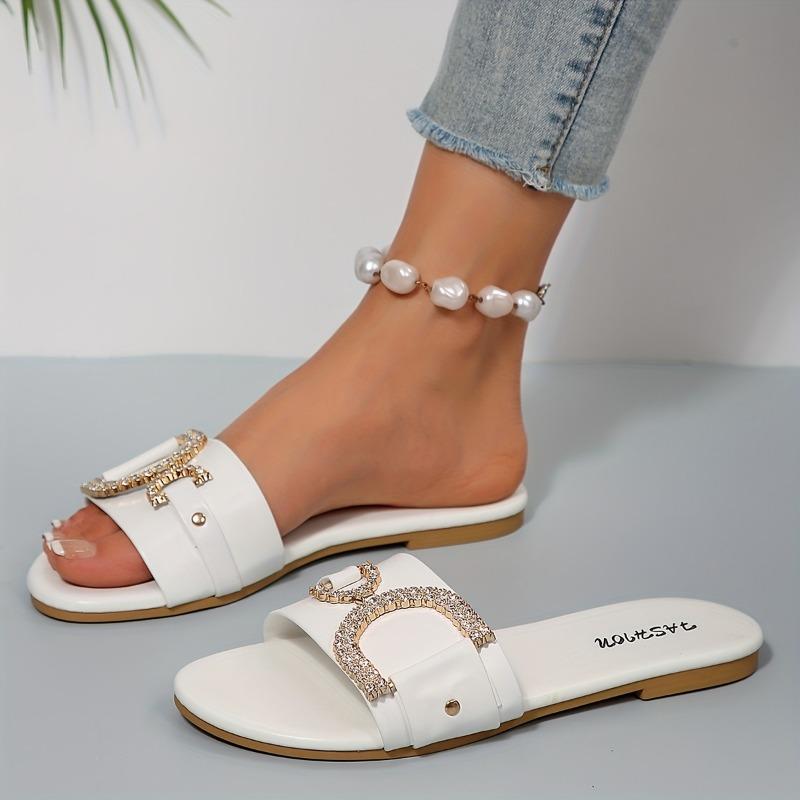 Women'S Glittery Rhinestone-Embellished Black Slide Sandals -Comfortable Flat Sole, Open-Toe Summer Slippers for Casual & Outdoor Wear, Ladies Sandals
