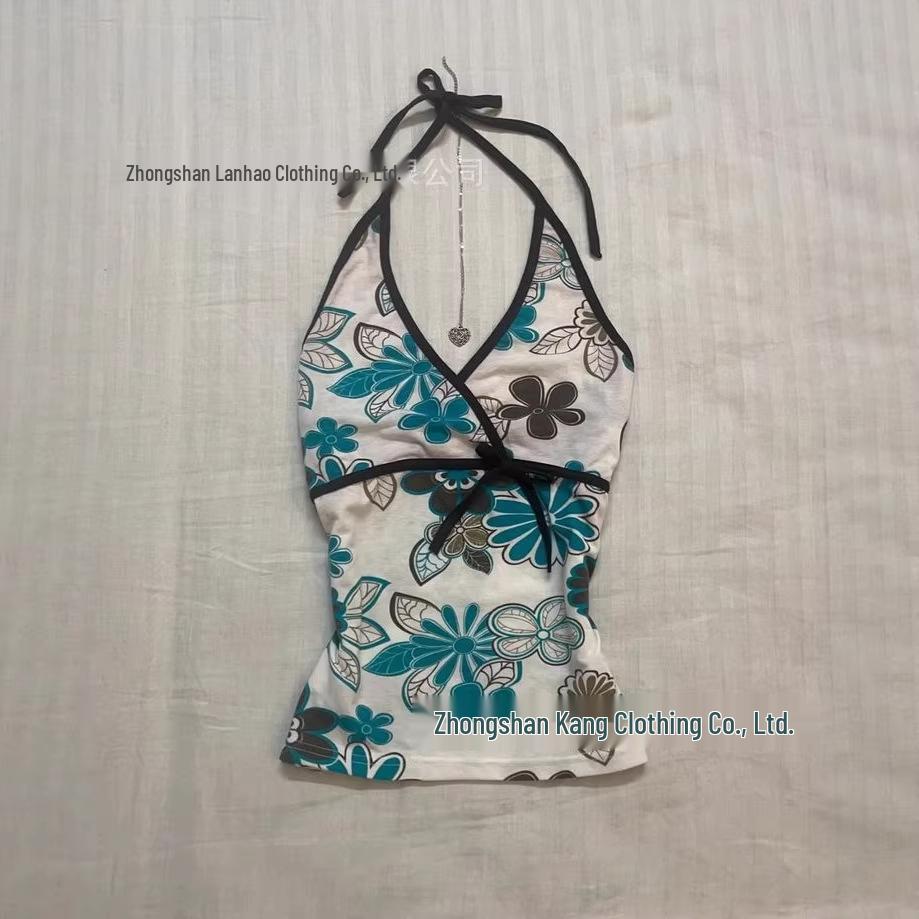 Blue & White Floral Halter Tank for Women - Slimming, Sleeveless Base Layer
