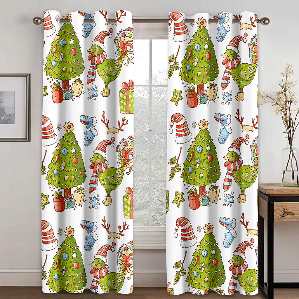 Cartoon Large Image Santa Claus Kawaii Curtain Decoration Christmas Festive Atmosphere Curtain Elk Christmas Tree Pattern