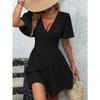QICED Fashion Summer Spring Solid Color Print V-Neck Short Sleeve  Casual Dresses