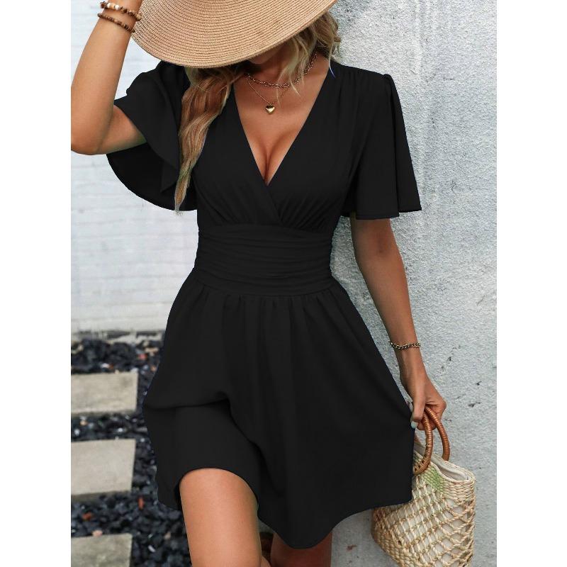 QICED Fashion Summer Spring Solid Color Print V-Neck Short Sleeve Casual Dresses