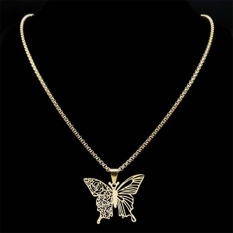Aesthetic Butterfly Rose Flower Pendant Necklace Stainless Steel Gold Color Hollow Flying Wing Chain Jewelry Colgantes N6121S01