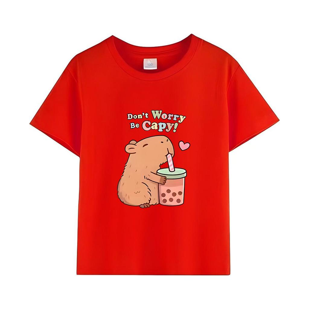 Capybara Kids Summer Cartoon Print T-Shirt 100% Cotton Short Sleeve Crewneck Casual Top for Girls Fashion Tees