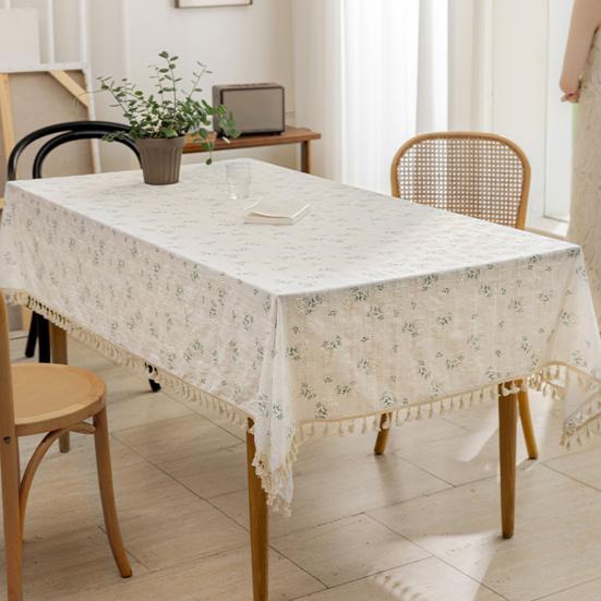 Lilac Floral Tablecloth, Cotton Small Fresh Flower Print Table Cover, Pastoral Style Breathable Cloth for Desk, Dorm Room Decor, Coffee Corner &