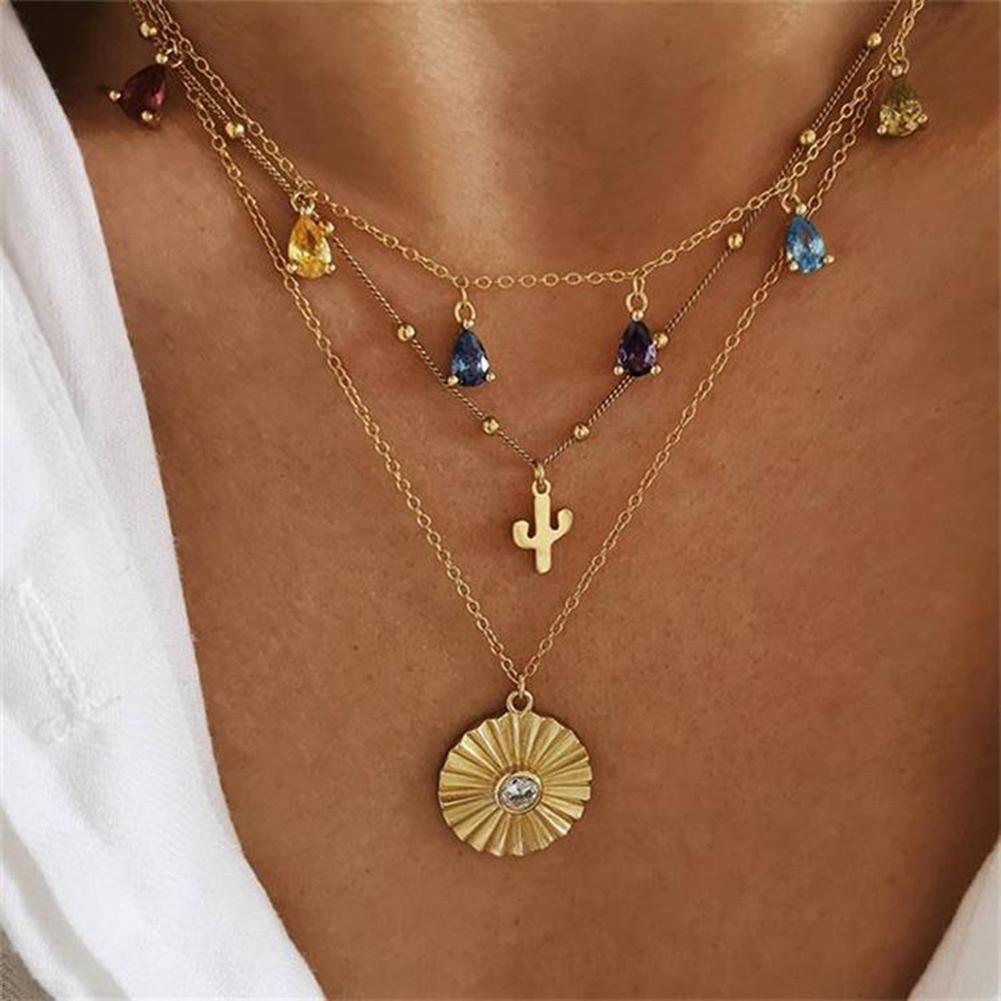 Women's Necklace Retro Style Disc 3-layer Geometric Cactus Colored Gemstone Necklace
