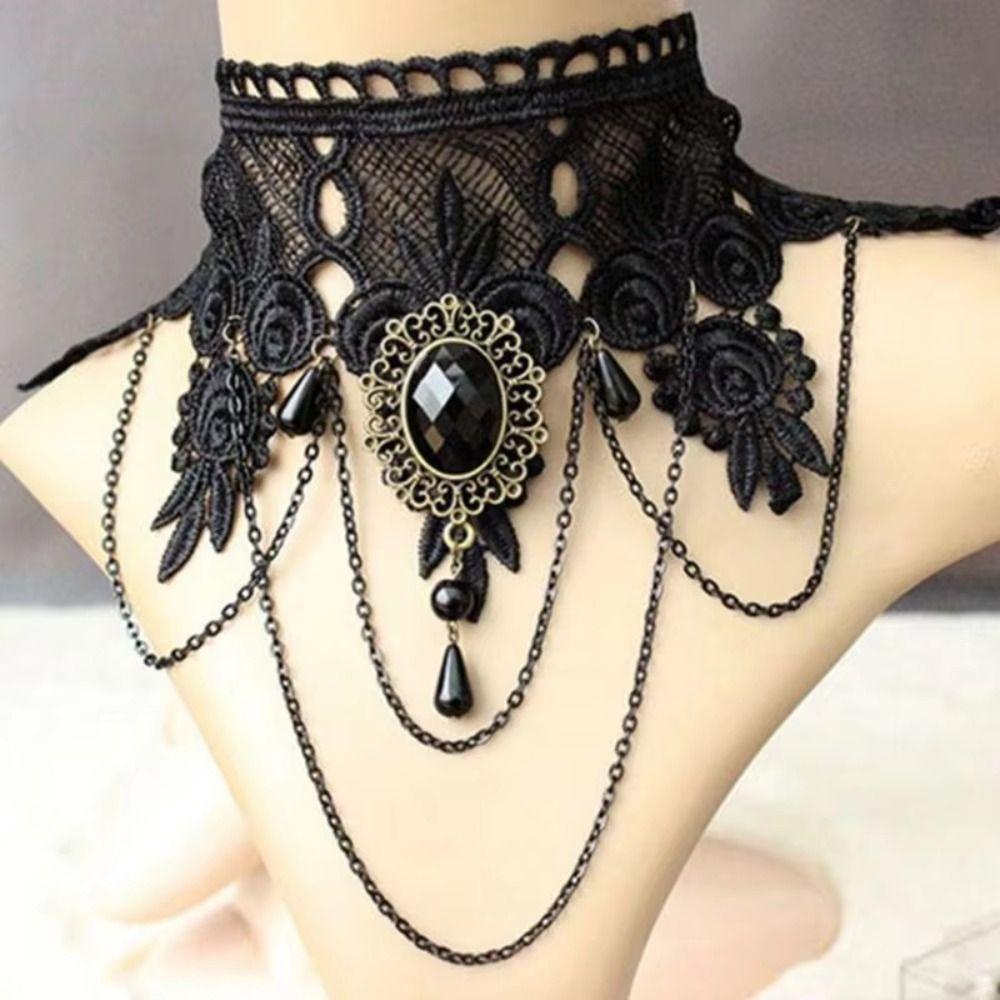 Steampunk Black Lace Choker Clavicle Chain Punk Retro Necklace Gothic Necklace  Jewelry Gift