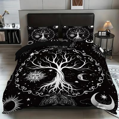Housse de couette Trois pièces Soleil et Lune Impression numérique 3D Kit de lit Housse de couette meulée Taie d'oreiller