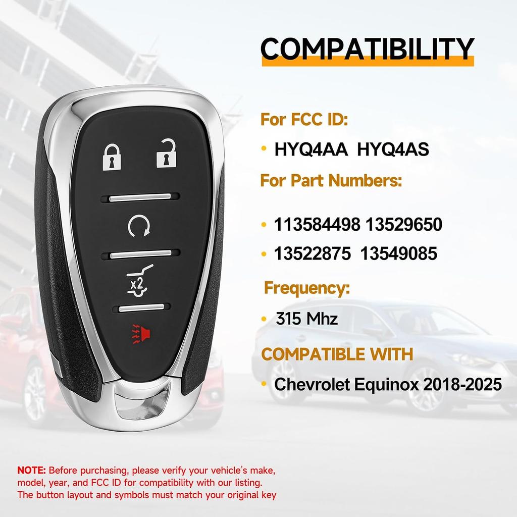 Key Fob Replacement Fits for Chevy Equinox 2018 2019 2020 2021 2022 2023 2024 2025 Smart Car Proximity Keyless Entry Remote Control HYQ4AA 315Mhz