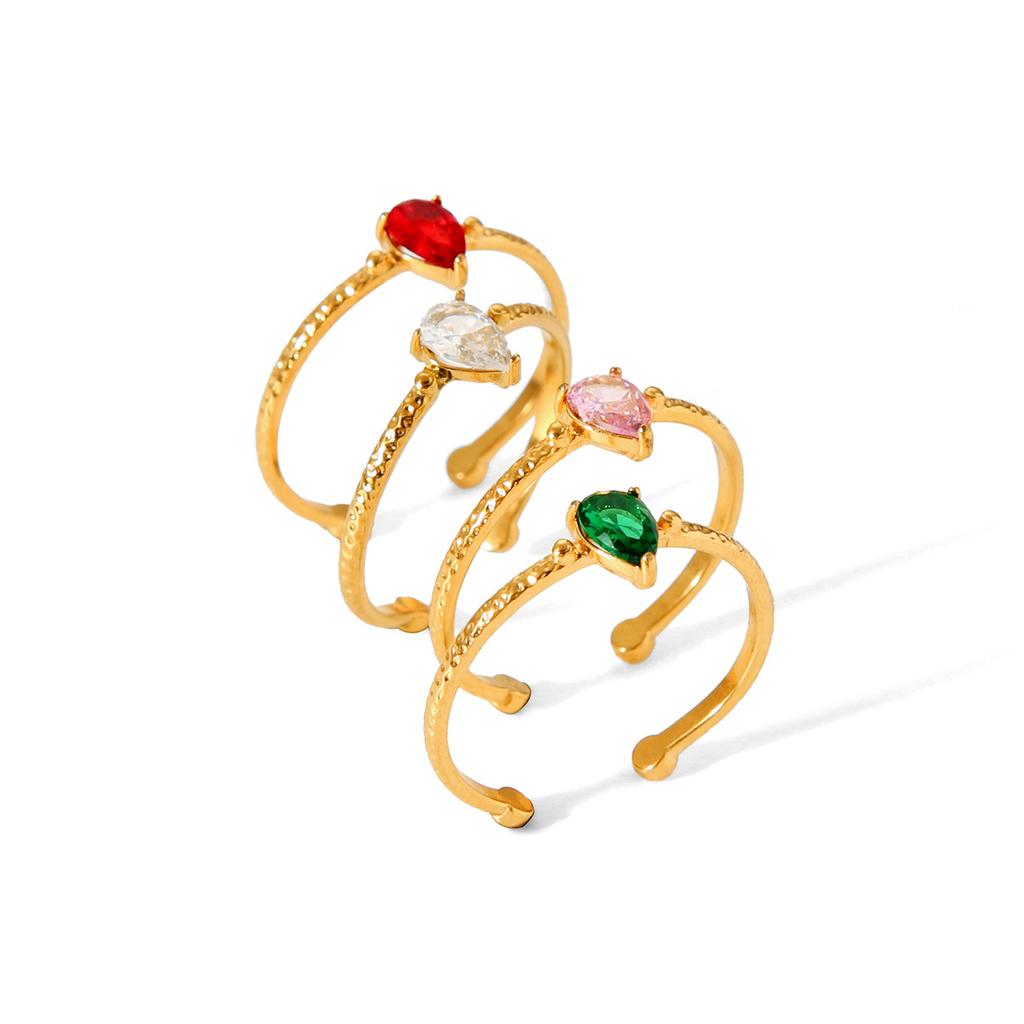French Light Luxury 18K Gold Plated Stainless Steel Zircon Inlaid Retro High-end Teardrop Hammered Open Ring for Women