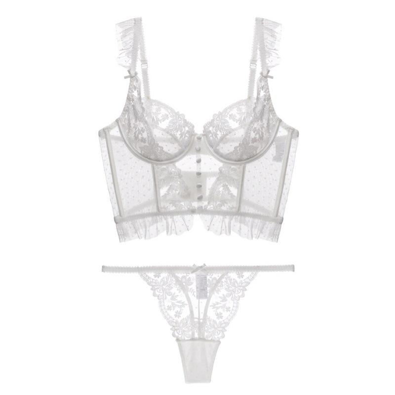 French Sexy Ultra Thin Underwear Women Lace Embroidery Flowers Bra Set Breathable Body Shap Bras and Thongs Sets Lingerie