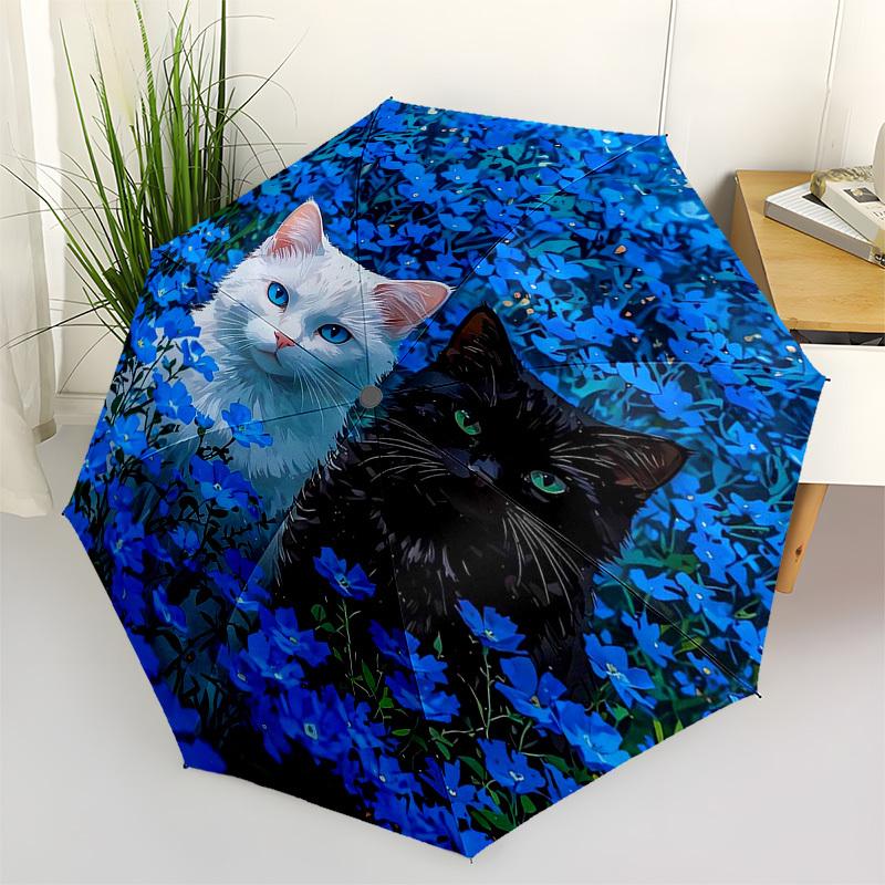 

1pc Blue Flower Cats Garden Umbrella with Plastic Handle,Vibrant Cartoon Pattern,Multi-functional UmbrellaPT141