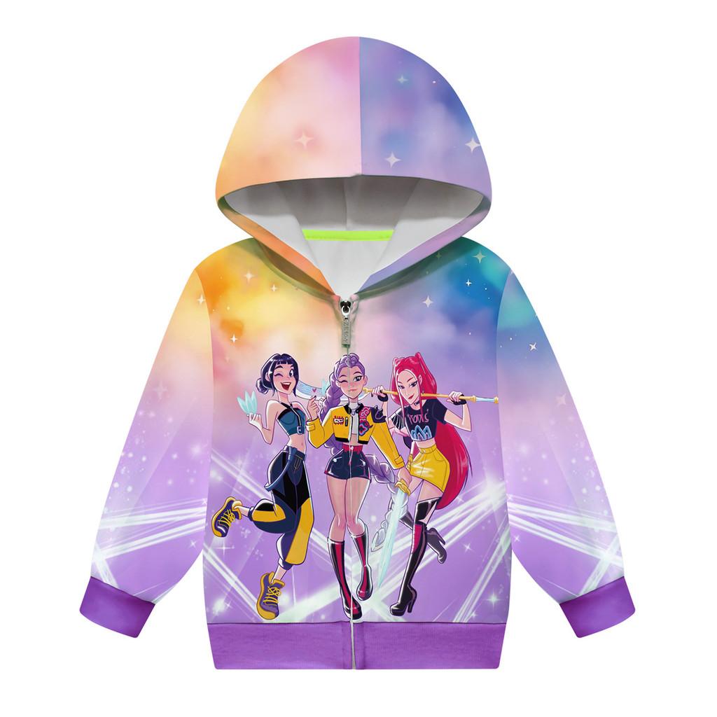 Kids Girls POP Singer Rumi Zoey Mira Printed Casual Hooded Zipper Long Sleeves Jacket Coat