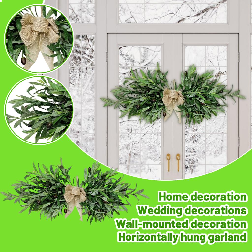 Artificial Leaf Garland with Bow Realistic Faux Greenery Decorative Swag for Door Mantel Tabletop Wall Home Office Indoor Outdoor Use