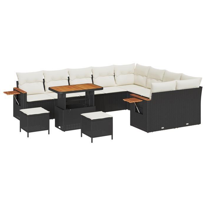 Ensemble de canapé jardin 12 pièces avec coussins noir rotin poly acacia, Ensemble de salle à manger jardin 3 pièces 3363215