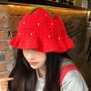 Cute Handmade Fisherman Hat Strawberry Design Red Basin Hat Warm Hollow Yarn Hat for Girl