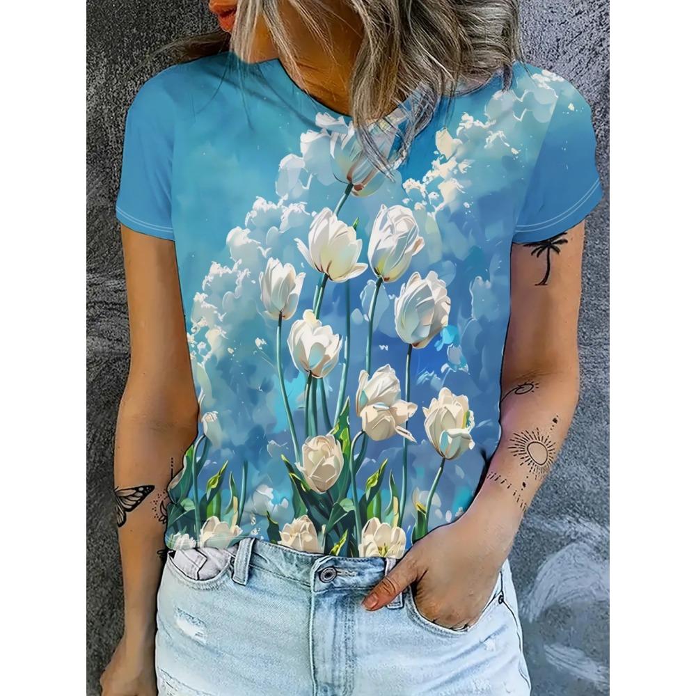 2026 New Women 3D Dandelion Graphics Print T-Shirts Fashion Casual Clothes Short Sleeves Top Summer Tees O-Neck Women's Clothing