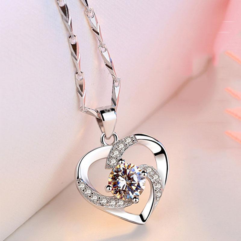 Romantic 925 Sterling Silver Heart Shape Crystal Zircon Pendant Necklaces For Women Girls Wedding Party Trendy Jewelry Gifts