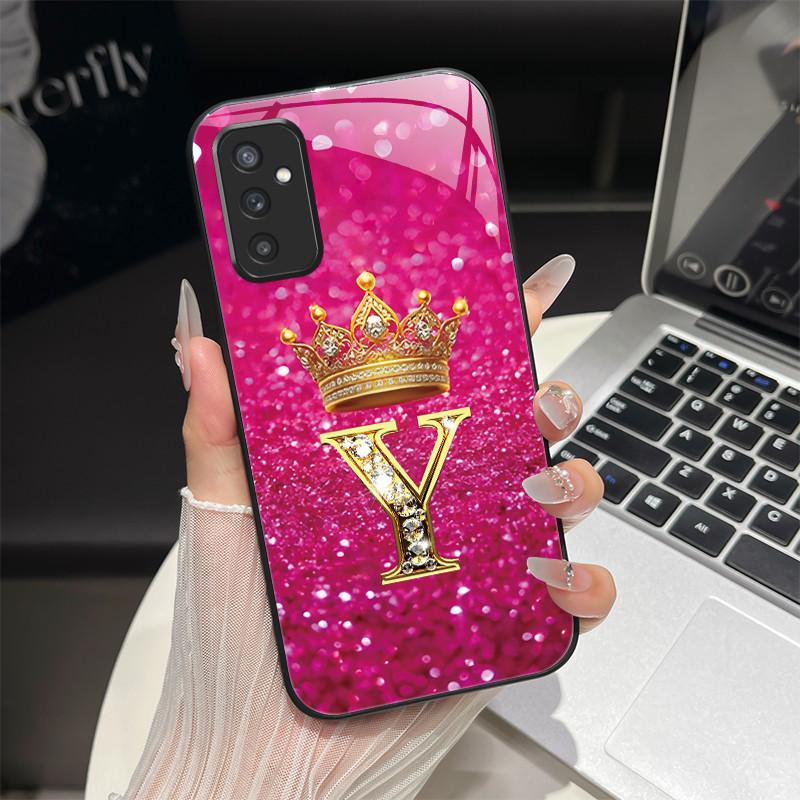 For Samsung M52 5G Case Galaxy M14 SM-M526B SM-M146B Phone Case ShockProof Fashion Initial Letter Hard Tempered Glass Back Cover