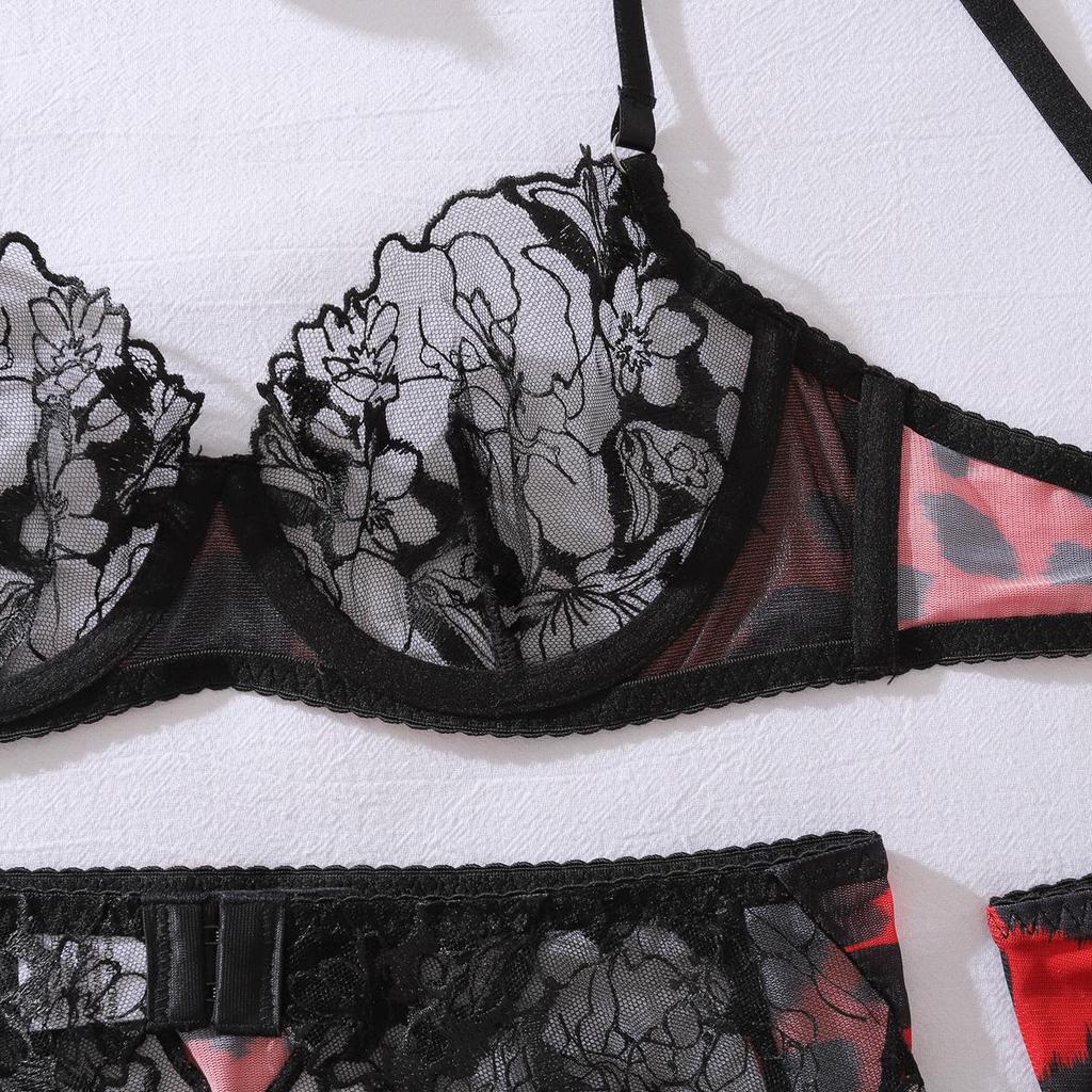Sexy Damen-BH-Set Leopardenmuster Spitze Spleißung Dessous Mode Bequem 5-teiliges Dessous-Set