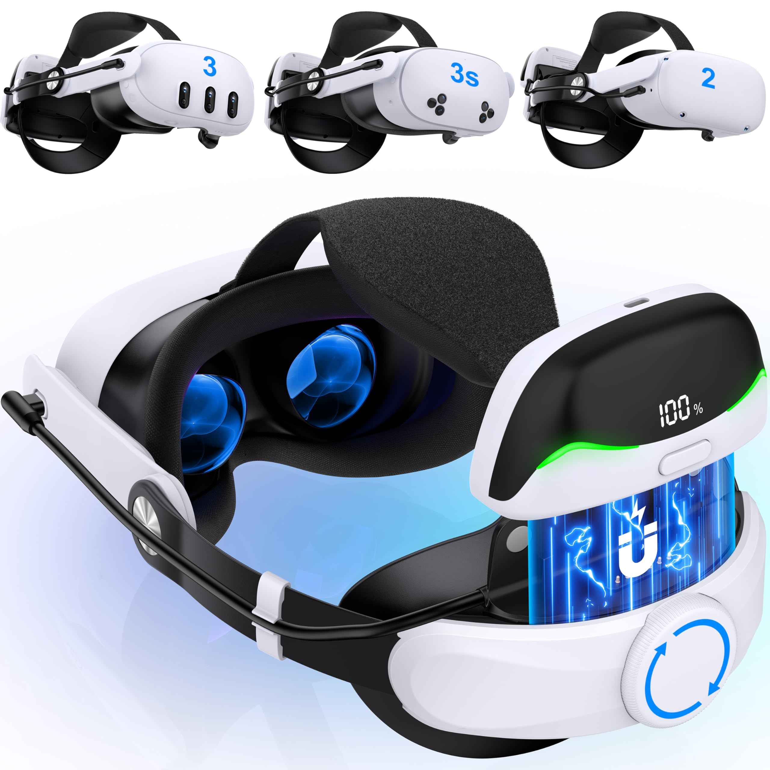 

Elekasumi Meta Quest 2 Head Strap for VR 7500mAh Magnetic Double Knob Fast Comfortable Balance Strap for Meta Quest 3/Quest 3S/Quest Headsets, білий