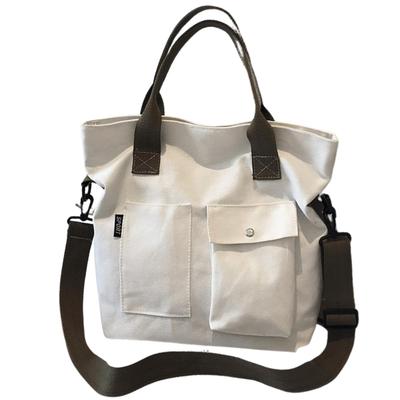2-way Vertical Canvas Tote Bag with Exterior Pocket and Long Handles, Suitable for Shoulder or Hand Carry (white)