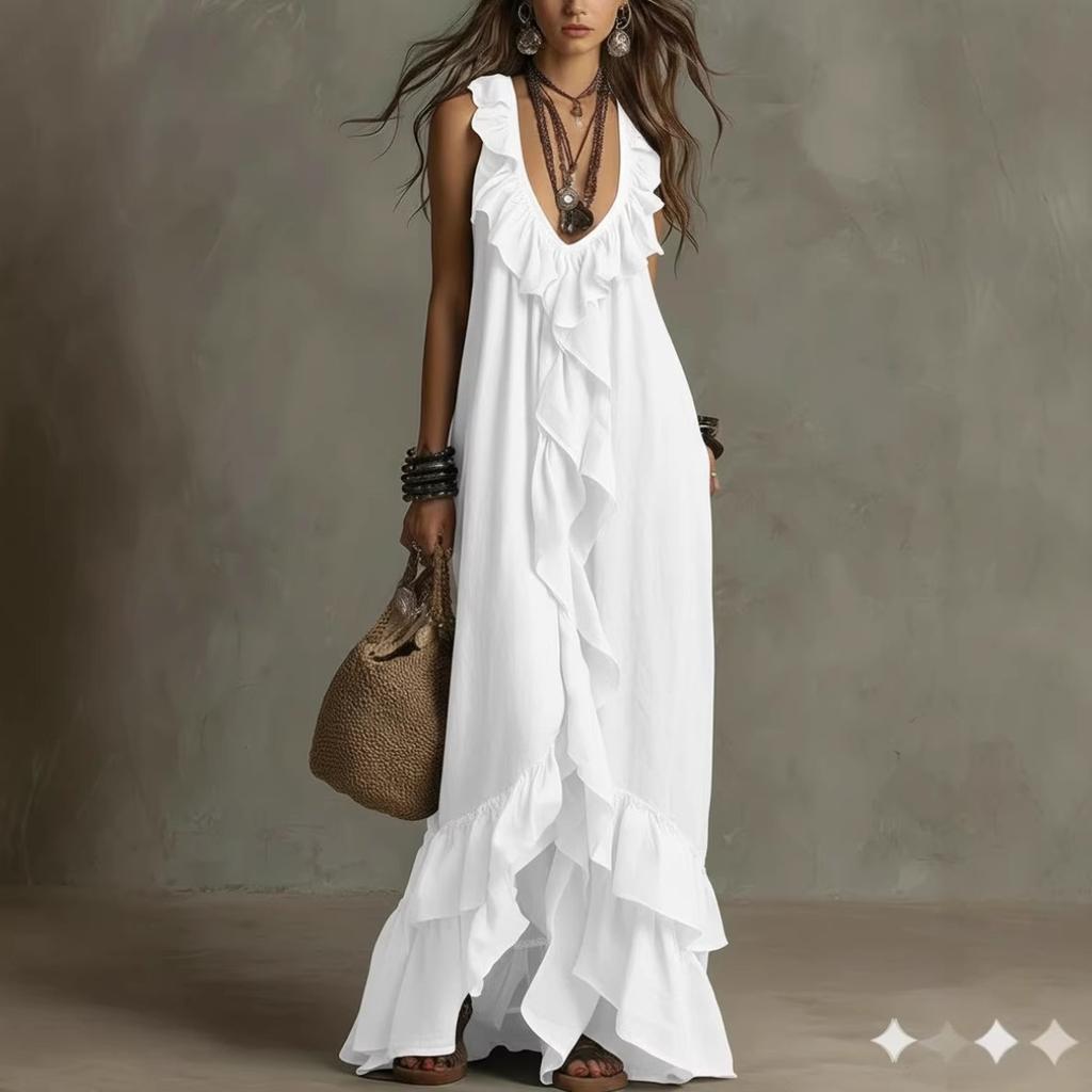 Boho Vintage V-Neck Short Sleeve Ruffle Casual Urban Dress for Women, European American Crossbody Summer Sundress