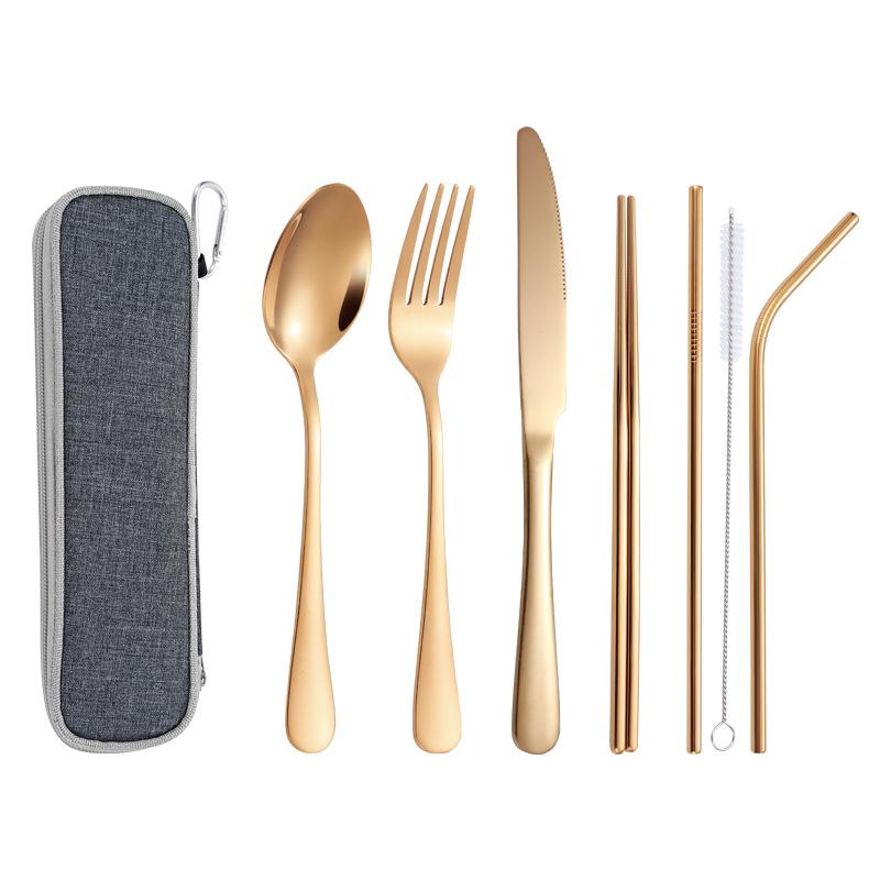 Stainless Steel Knife and Fork Spoon, Cleaning Brush, Chopsticks Set Out for Hotel Home Dinner, Smooth Integrated Forming, 7PCs