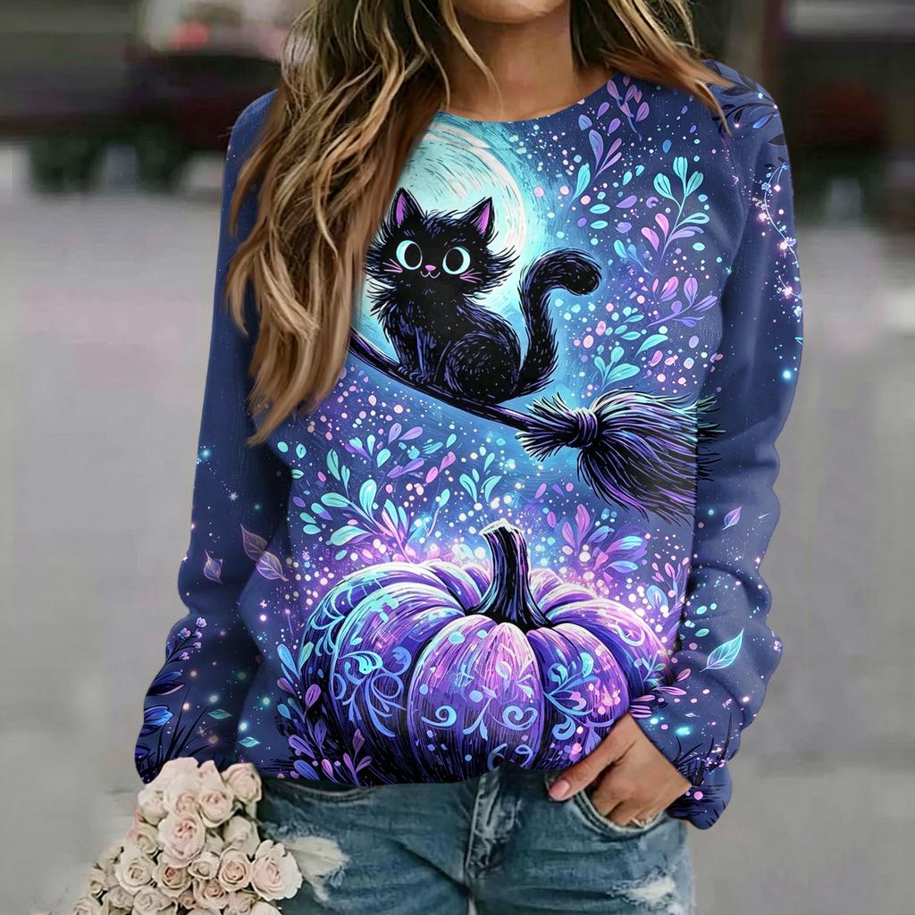 Women's Casual Halloween Print Raglan Long Sleeve Neck Sweatshirt Top