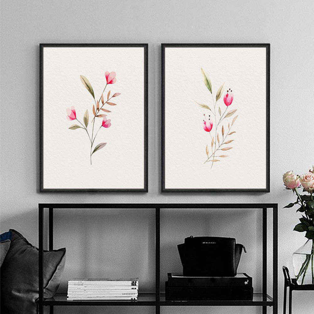 Floral Pink Flower Plant Leaves Nordic Poster Print Canvas Painting Modern Wall Art Pictures For Living Room Home Decor