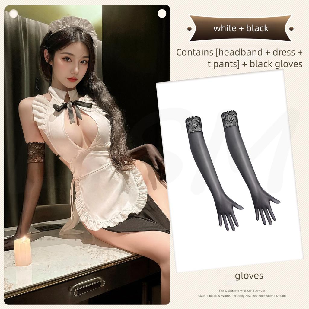 Sexy Maid Roleplay Lingerie Set with Apron and Headband, Plunging Neckline Backless Outfit for Women, Erotic Cosplay Nightwear