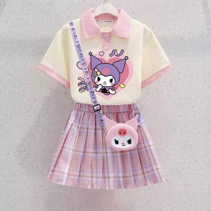 Kuromi Girls' Summer Cartoon JK Skirt Set - Short Sleeve Dress for Middle and Big Kids