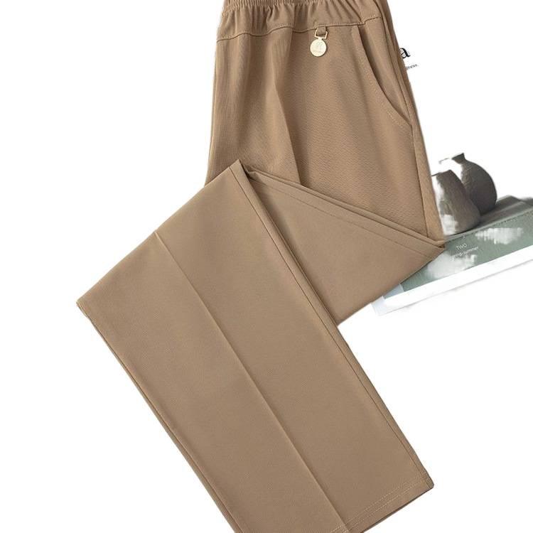 Summer High-Waist Ice Silk Casual Mom Pants: Loose, Elastic, Nine-Point Straight-Leg Style for Middle-Aged and Elderly Women