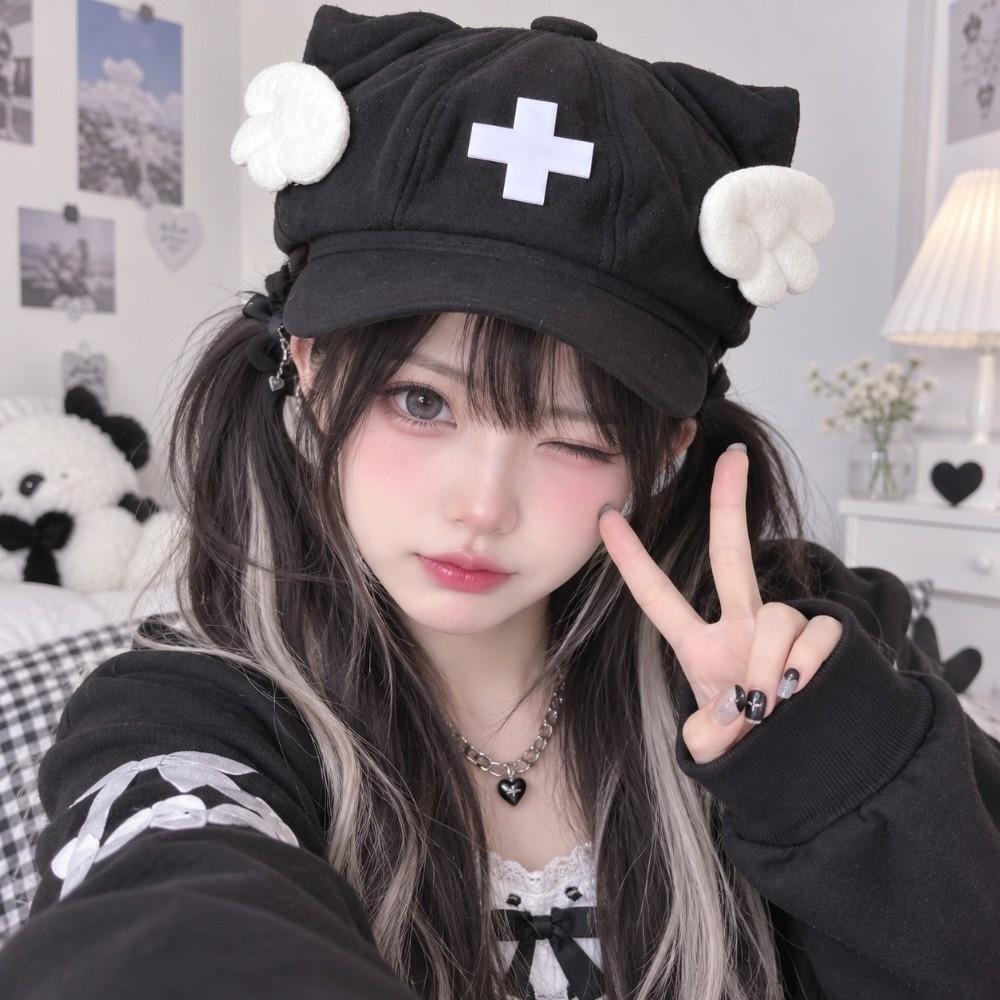 Cat Ears Beret Hat Cross Decoration Octagonal Cap Harajuku Angel Wings Hat  Lolita Fashion