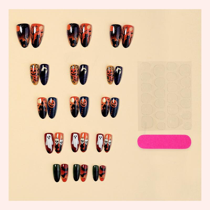 Halloween Pumpkin Ghost Black Cat Almond Press On Nails, Gothic Witch House Bat Reusable False Nail Kit with Adhesive Tabs Nail File