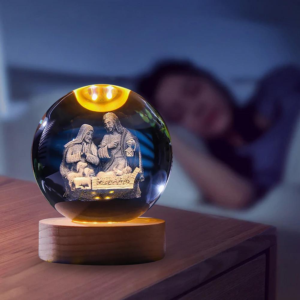 3D Creative Engrave Crystal Ball with Wooden Base USB Charging LED Crystal Ball Night Light Lighted Crystal Ball Art Decoration