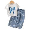 Girls' Fashion Set - Summer Children's Casual White Ribbon-Printed T-Shirt + Washed Denim Pants Set