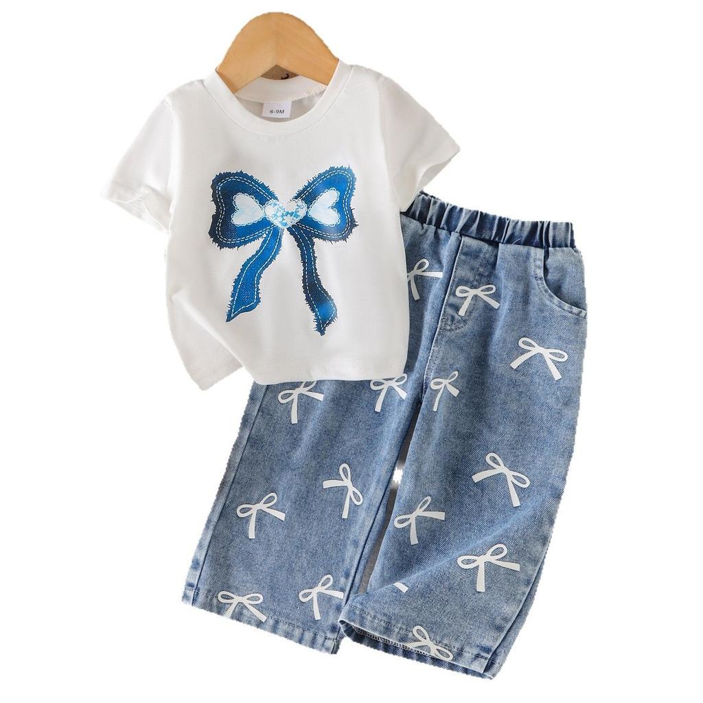 Girls' Fashion Set - Summer Children's Casual White Ribbon-Printed T-Shirt + Washed Denim Pants Set