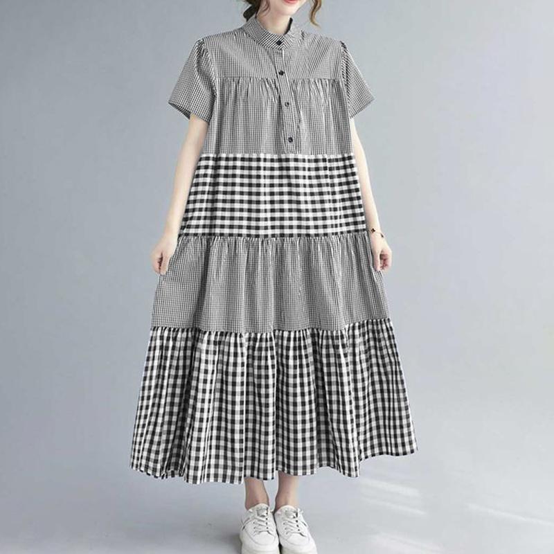 

ZANZEA Женское повседневное платье-рубашка с отложным воротником и короткими рукавами в клетку 4XL чёрный