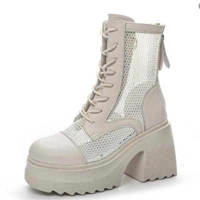 Modne 10cm Nowe Oddychające Motocyklowe Botki do Kostki Buty z Prawdziwej Skóry Modne Sandały Letnie Damskie Ażurowe Buty Kobieta