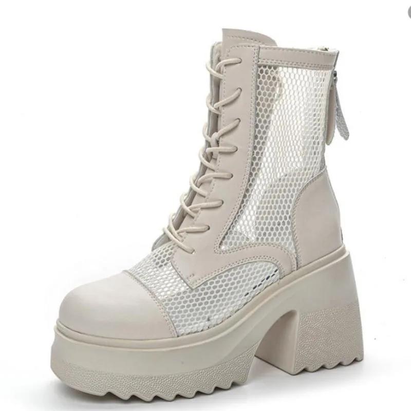 Fashion 10cm New Air Mesh Breathable Motorcycle Ankle Boots Genuine Leather Shoes Fashion Sandals Summer Ladies Hollow Boots Woman