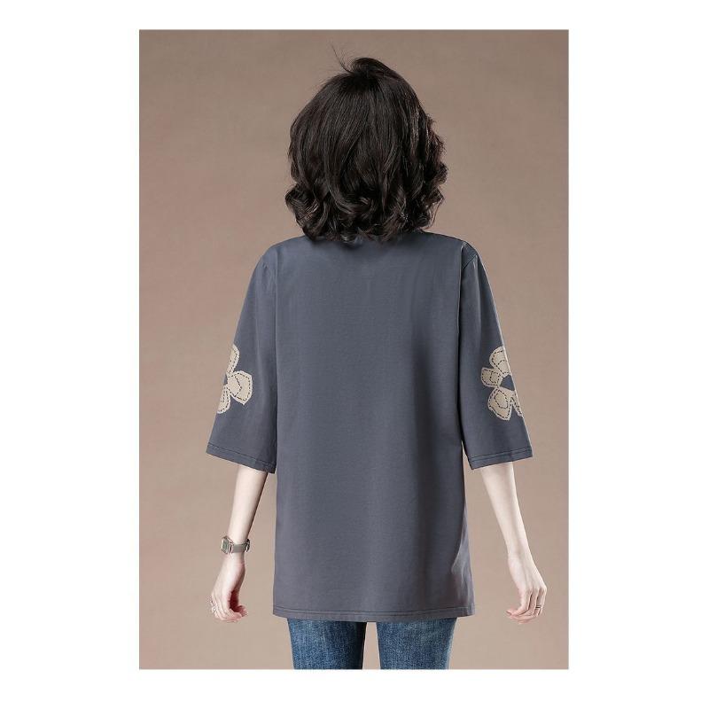 Fashionable Round Neck Mid-sleeve T-shirt for Women Loose Casual Printed Pullover Quarter-sleeved Elegant and Versatile Top
