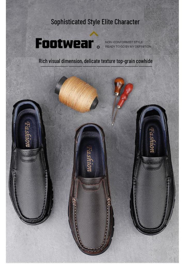 Men's Large Slip-On Leather Shoes: Breathable, Soft Sole, Anti-Slip Casual Comfort for Middle-Aged Dads
