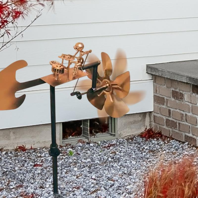 Mulino a vento in metallo fatto a mano con batterista, Statuette e statue di musicisti percussionisti, Scultura cinetica alimentata dal vento, Girandole a vento per decorazione da cortile, prato, giardino