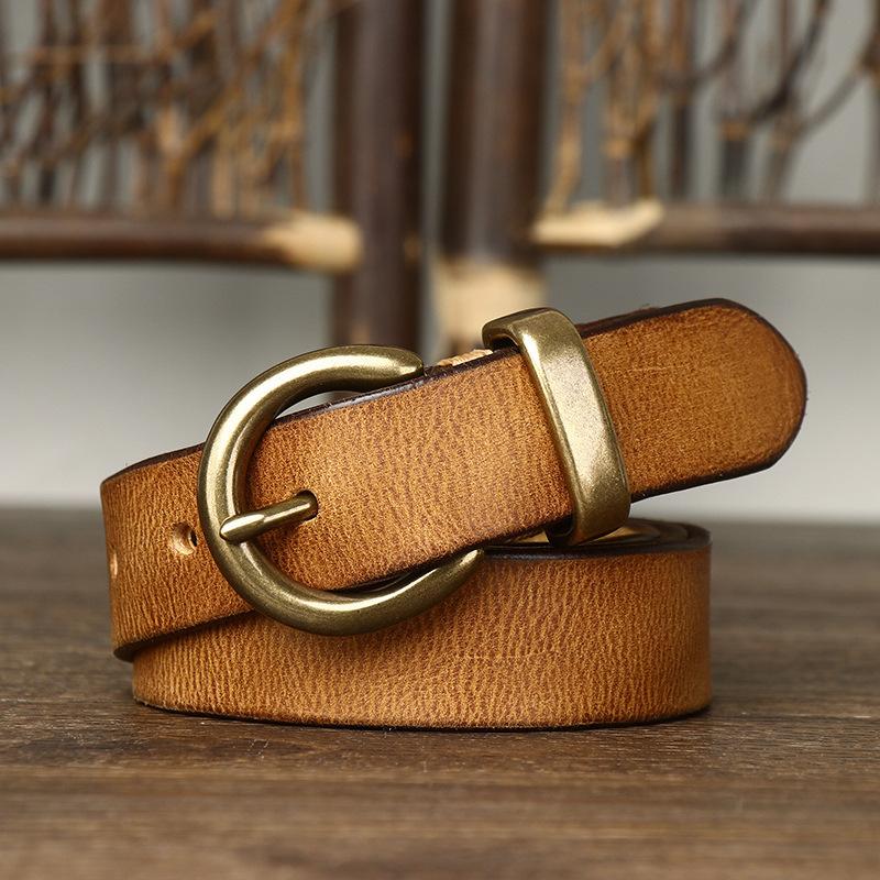 Women's Belt Vintage Crumpled Korean Style Fashion All-Matching Brass Buckle Genuine Leather Jeans Belt Women's